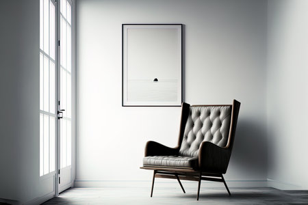 An armchair in a contemporary minimalist setting against a background of a blank white wallの素材