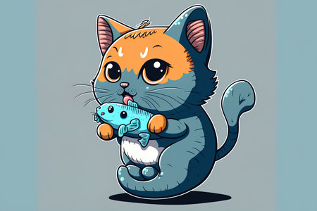 Cartoon artwork of a cute cat holding a fish. animal and natural world icon design solitary premiumの素材
