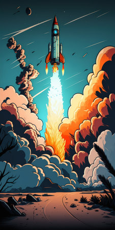 From the moon or another planet a rocket lifts off. Cartoonish colored illustrationの素材