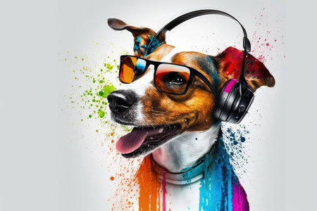 Canine wearing headphones and jamming to tunesの素材