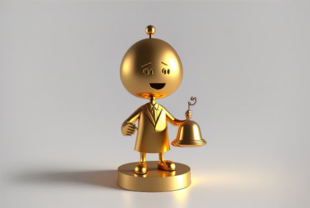 Mascot figure holding a golden trophy and a bell for hotel services on a white backdrop.の素材