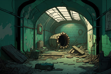 Digital representation of a demolished abandoned interior scene in an underground sewer systemの素材