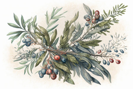 Image of olive branches laden with olives aged to look antiqueの素材