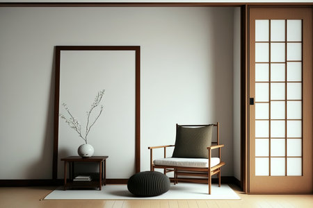 Japanese wooden armchair and partition in a room with a tatami mat floor and a white wallの素材
