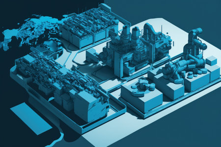 Blue tinted map of an automated production line in the factory packing workshopの素材
