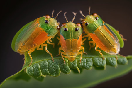 Macro shots of orange leafhoppers on a green backgroundの素材