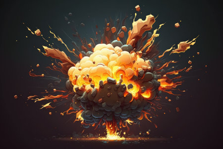 Realistic explosion with fire against a dark backgroundの素材