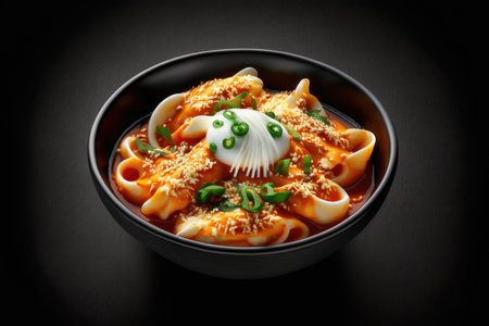 Cheesy Tokbokki korean traditional food on black board background. Lunch dishの素材