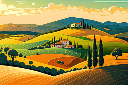 Tuscany countryside panorama rolling hills and wheat fields at sunset. Santa Luce Pisa Italy Europeの素材