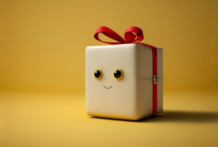 On a yellow backdrop a white present box with a red ribbon character mascot is displayed.の素材