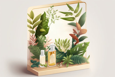 On a white background a product display platform features natural foliageの素材