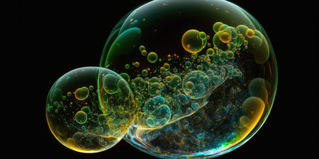 Macro photography of soap bubbles on dark backgroundの素材