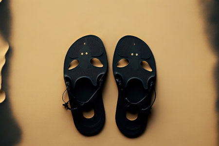Top view of a pair of black flippers on a sand colored backdrop near the sea. swimming apparatusの素材
