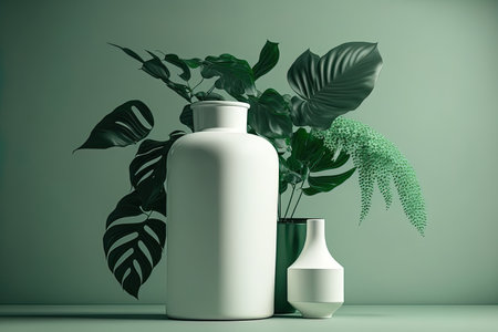 white mockup that is simple. Home vase with green leaves. fashion still lifeの素材