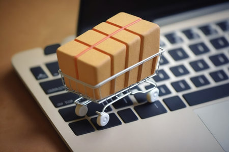 a wooden block with a picture of a shopping cart on a laptop keyboard. concept of online shoppingの素材