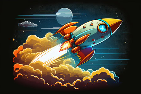Starry sky rocket from a spaceship. a spacecraft that is carrying smoke clouds into spaceの素材