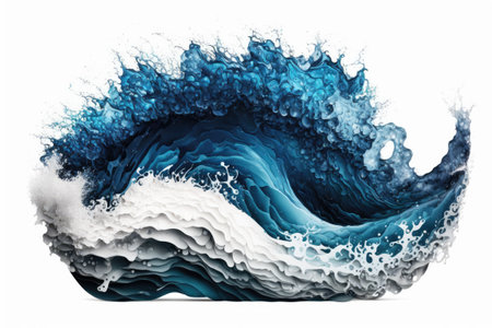 Ocean waves blue with white foam on a white backdrop isolated. Displayed in a banner layoutの素材