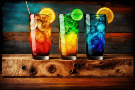 lemon orange and grenadine make up the rainbow mojitos served upon a wooden tableの素材