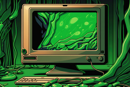 a close up of a computer screen with great resolution and a green abstract backgroundの素材