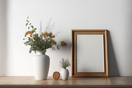 Wooden table with a white background and a wooden picture frame next to a flower vaseの素材