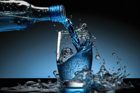 water being poured into a glass from a bottle on a blue backgroundの素材