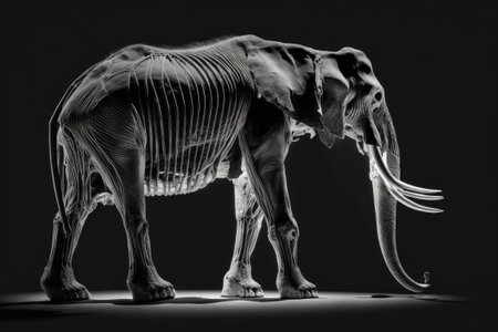 Skeleton of a lifelike woolly mammoth seen from the side. With a black backdropの素材