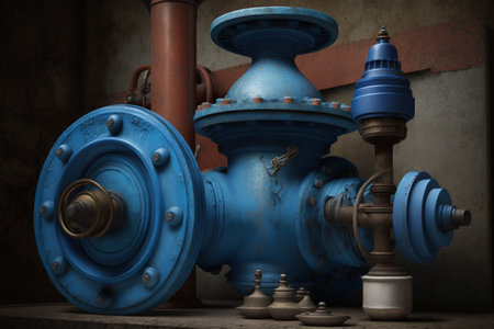 new blue valves and new blue joint members were used to link old large drink water pipelinesの素材