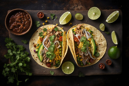 top down photo of two Mexican carnitas tacos on place in flat lay compositionの素材