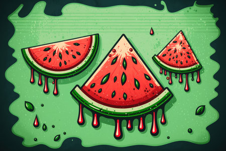 Slices of watermelon becoming wet on a green backgroundの素材
