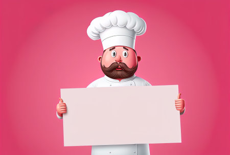 Cute chef baker or barista displaying a white banner with no content on a pink backdropの素材
