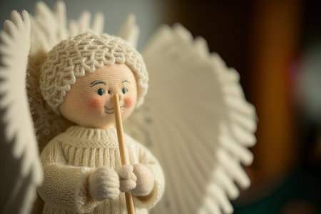 A close up of a Christmas angel made of cloth holding a magic wand shaped like a snowflakeの素材