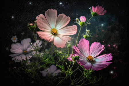 Beautiful cosmos blossoms in a garden settingの素材