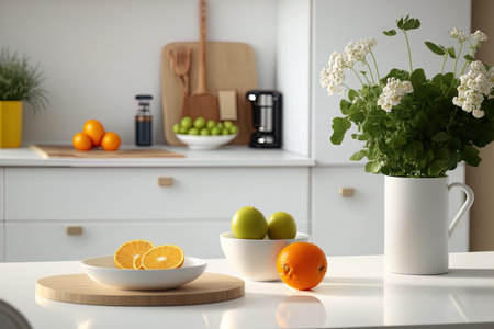 Background of a white minimalist kitchen with fresh fruit and flowers on the dinner tableの素材