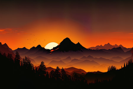 Mountain scenery silhouetted at dusk. mountains while the sun is setting. over a mountain at sunsetの素材