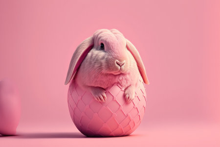 Easter bunny rabbit on a pink background holding a painted egg in pink. holiday concept for Easterの素材