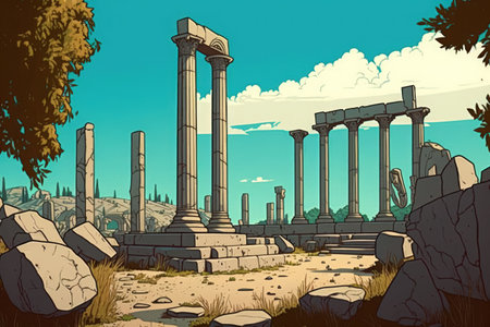 Ancient Salamis in Northern Cyprus with a clear sky above the ruinsの素材