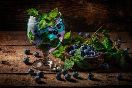 Cocktail with blueberries and mint served on a wooden backgroundの素材