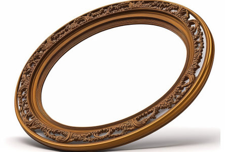 Perspective view of a wooden oval frame for artwork a mirror or a photo on a white backgroundの素材