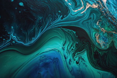 Photo for Fluid art background made of liquid. Galactic ocean with blue and green acrylic paint - Royalty Free Image