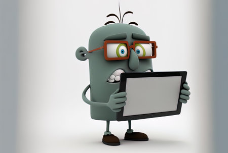 Character on a tablet pointing towards an intangible thing isolated. includes a clipping pathの素材