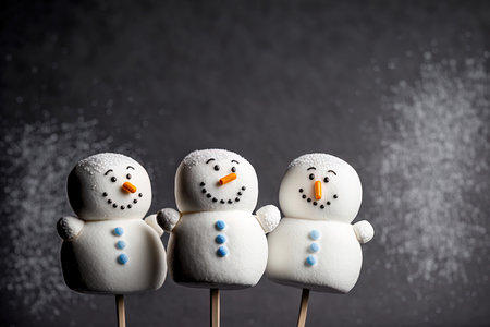 On a gray background three little snowmen made of marshmallows and sticks are displayedの素材