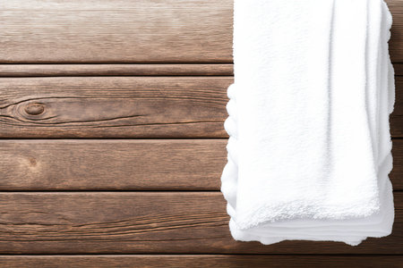 Lovely bath towel on wood. Copies. mockupの素材