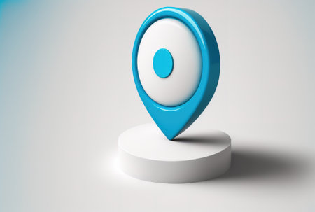 a white backdrop with a blue navigation location gps button icon and an arrow direction indicatorの素材