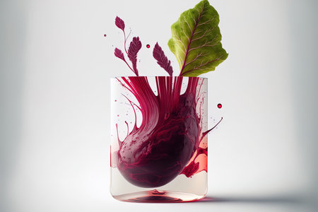 Inventive beetroot juice design. Lay flat. notion of food. White backdrop with beetrootの素材