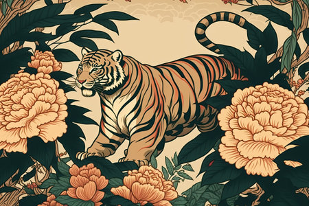 Traditional Chinese tiger and bamboo and peony floral patternの素材