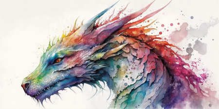 Stunning watercolor depicting a rainbow dragon with brilliant colors and a white backgroundの素材