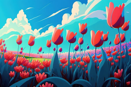 beautiful blooming tulip field on abstract blue sky in springtime floral conceptの素材