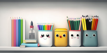School supplies on a white shelf against a white wall background. Back to school concept. Copy spaceの素材