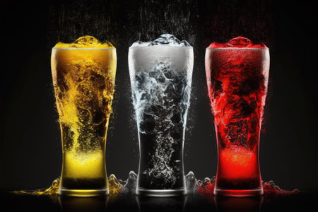 A studio photograph of three ice cold beers set against a black backgroundの素材