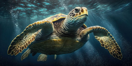 A magnificent enormous golden sea turtle swims in the deep blue sea while spreading its paws outの素材